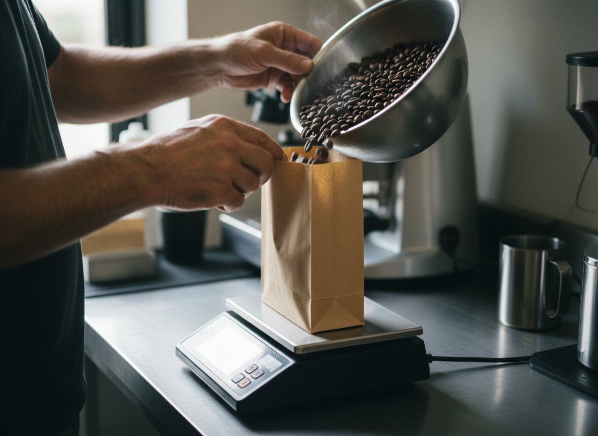 The roasted beans on a kitchen scale, the number readable.